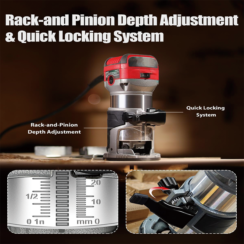 Wood Router, 1.25 HP Compact Router Tools for Woodworking,6 Variable Speeds, Edge Guide, Roller Guide, Dust Hood