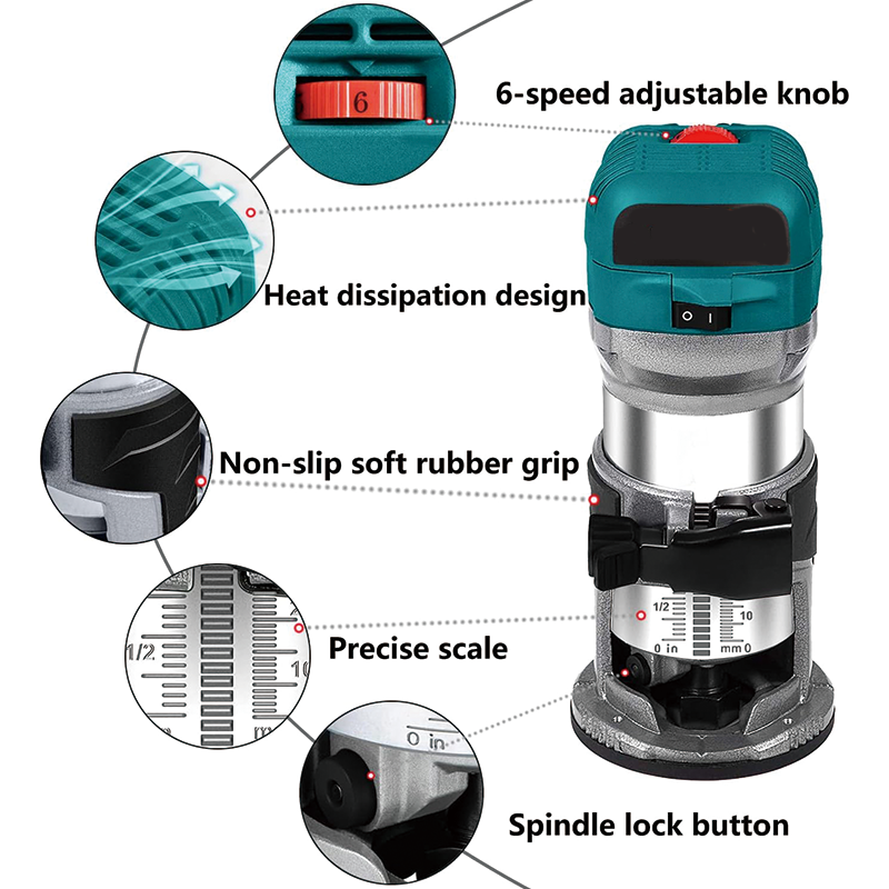 Compact Router,1.25 HP Compact Trim Router with 6 Variable Speed,12 Wood Router Bits,Max Torque 30,000RPM For Woodworking & Furniture Manufacturing