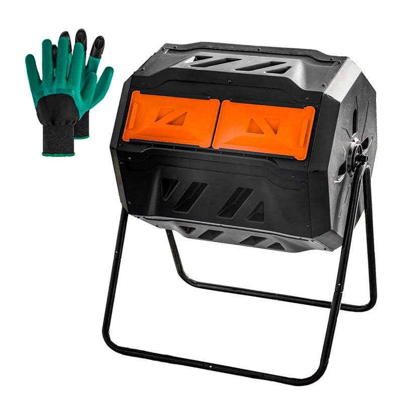 Outdoor Compost Bin, 43 Gallon Dual Chamber Compost Tumbler With Sliding Door For Garden, Kitchen, Patio, Outdoor