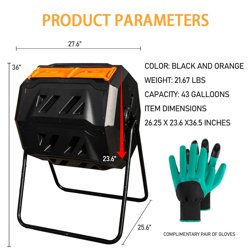 Outdoor Compost Bin, 43 Gallon Dual Chamber Compost Tumbler With Sliding Door For Garden, Kitchen, Patio, Outdoor
