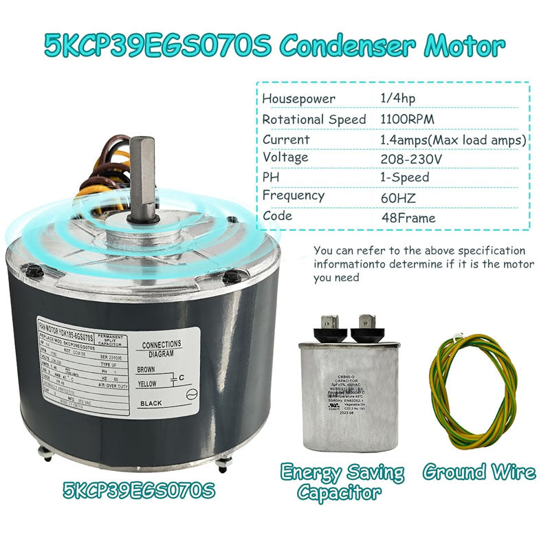 Condenser Fan Motor 5KCP39EGS070S, 5KCP39EGY823S Upgraded Replacement Condenser Motor Reversible Rotating with Explosion-Proof Capacitor