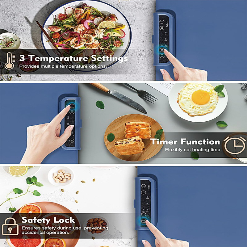 Silicone Food Warming Mat, Roll Up Portable Electric Warming Tray with 3 Temperature Settings for Dinner, Catering, House, Parties, Blue