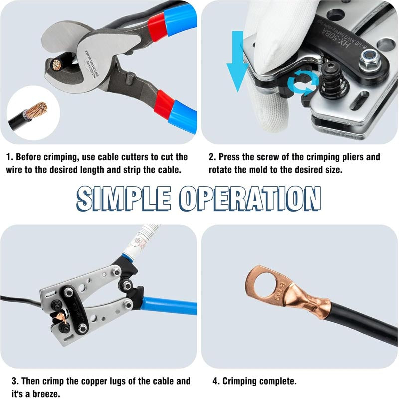 Crimping Tools Battery Cable Wire Lug Crimping Tool for AWG 8-1/0 Heavy Duty Wire Copper Lugs