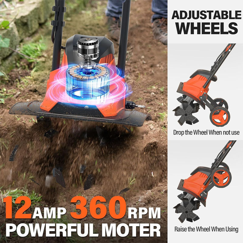 12 Amp Electric Cultivators 14" with Foldable Handle 4 Steel Tines Garden Rototiller with Wheels for Lawn Yard Soil Cultivation