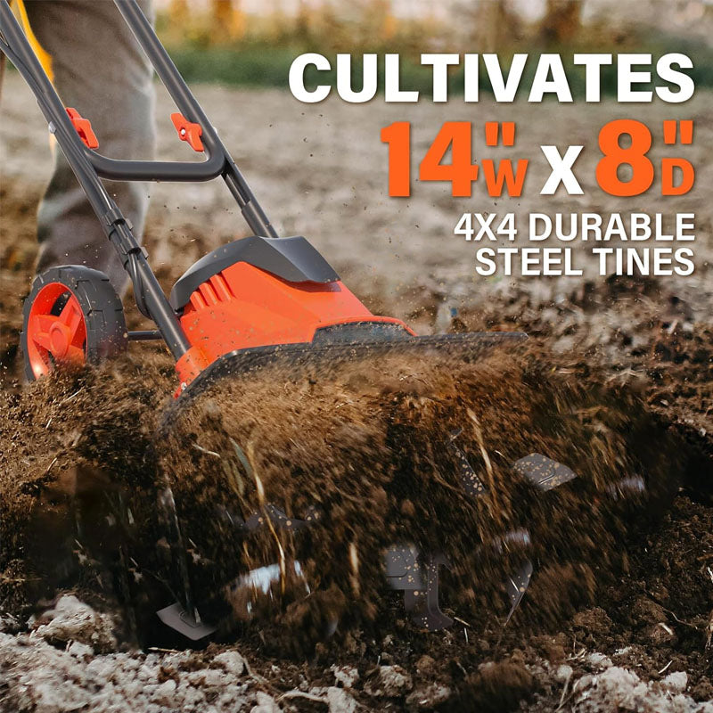 12 Amp Electric Cultivators 14" with Foldable Handle 4 Steel Tines Garden Rototiller with Wheels for Lawn Yard Soil Cultivation