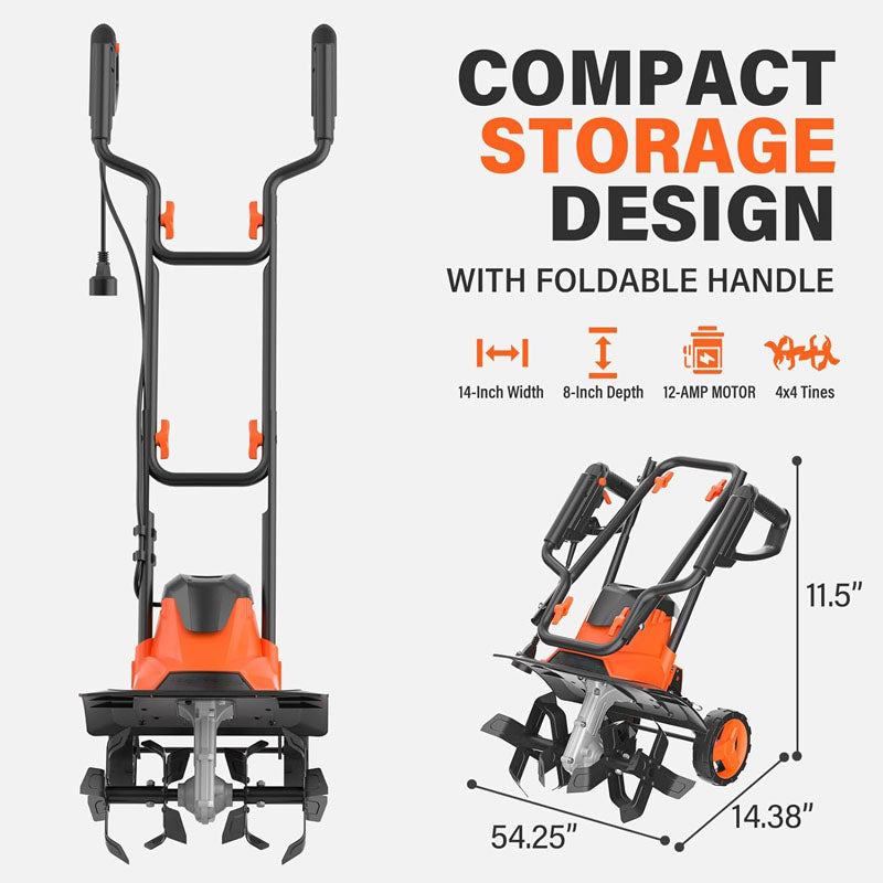 12 Amp Electric Cultivators 14" with Foldable Handle 4 Steel Tines Garden Rototiller with Wheels for Lawn Yard Soil Cultivation