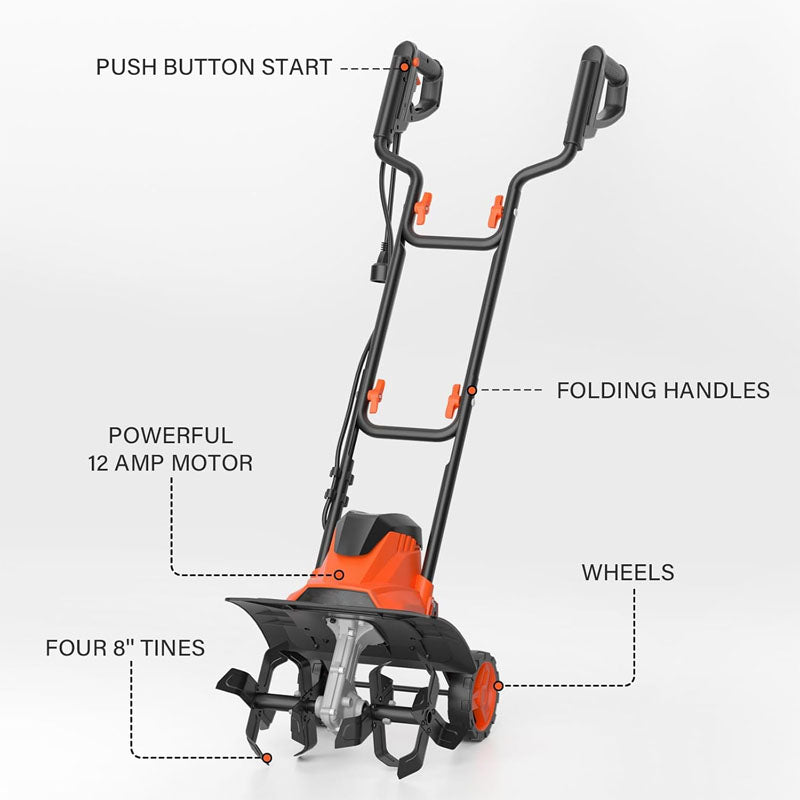 12 Amp Electric Cultivators 14" with Foldable Handle 4 Steel Tines Garden Rototiller with Wheels for Lawn Yard Soil Cultivation