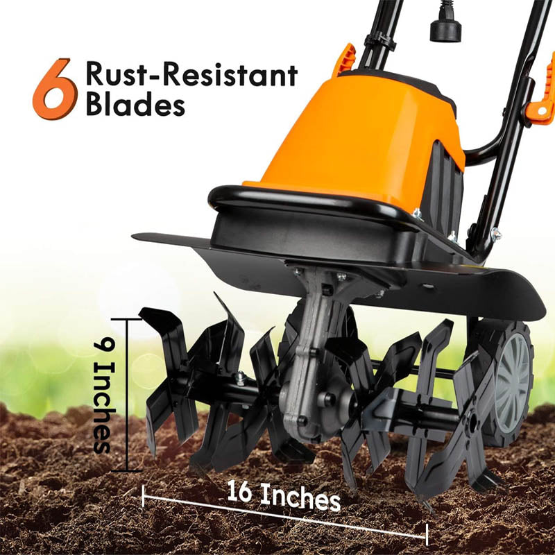 Cultivators 10 Amp Electric Tiller 16-Inch 6 Steel Blades Adjustable Transit Wheel for Garden Lawn Soil Digging