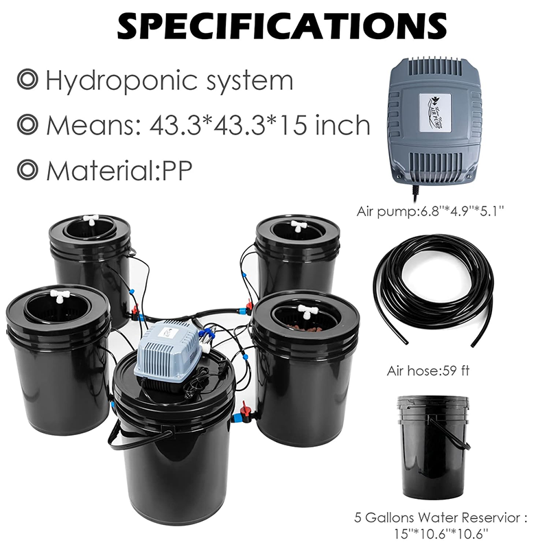DWC Hydroponic System, Hydroponic Planting System, 5 Gallon DWC Hydroponic Bucket Set, Multi Bucket Hydroponics Machine, Vegetable Drip Irrigation System (4 Buckets + Reservoir Kit)