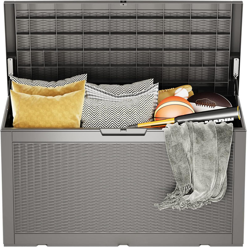 100 Gallon Deck Box Outdoor Storage Box Waterproof Resin for Patio Furniture Pool Toys Garden Tools Outdoor Cushions Gray