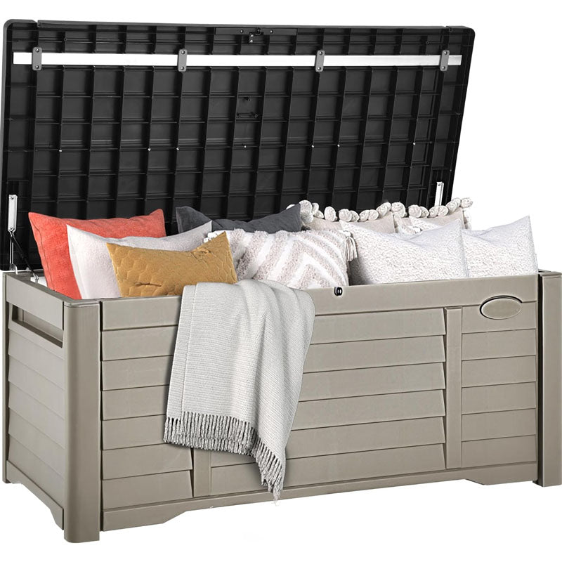 120 Gallon Deck Box Outdoor Storage Box with Louver Design Lockable Patio Storage Bin for Patio Furniture Garden Tools