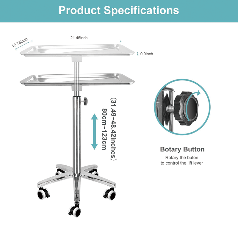 Mayo Stand with Brake Wheels, Extra Large Salon Tray Medical Tray Mayo Stand, for Spa, Salon, Clinic, Personal Care