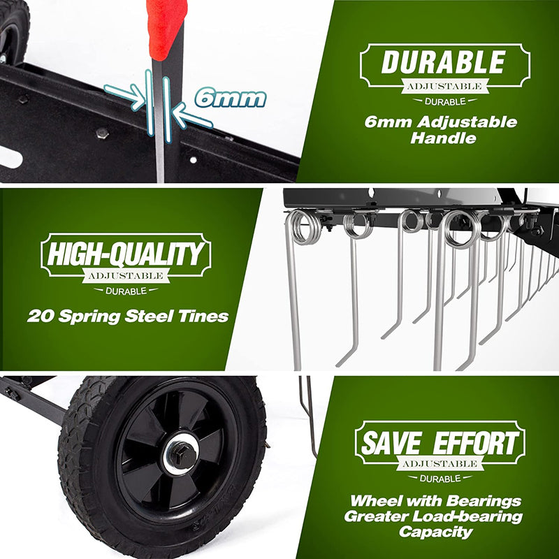 40 inch Tow Behind Dethatcher with 20 Spring Steel Tines Lawn Sweeper for Outdoor Yard Tools Lawn Care