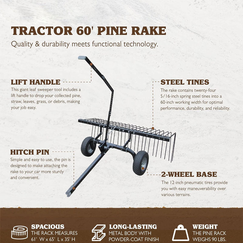 60 Inch Dethatchers Tow Behind Dethatcher with 12 Inch Pneumatic Tires and Lift Handle for Pine Straw Leaves and Grass