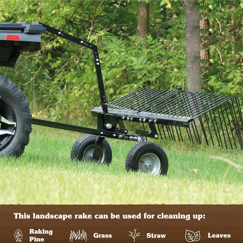 60 Inch Dethatchers Tow Behind Dethatcher with 12 Inch Pneumatic Tires and Lift Handle for Pine Straw Leaves and Grass