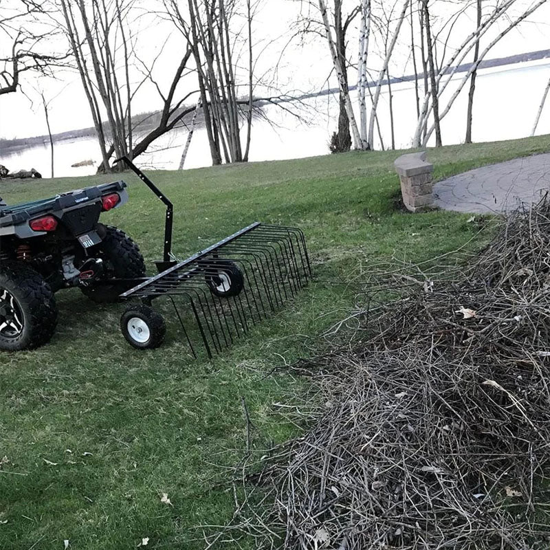 60 Inch Dethatchers Tow Behind Dethatcher with 12 Inch Pneumatic Tires and Lift Handle for Pine Straw Leaves and Grass