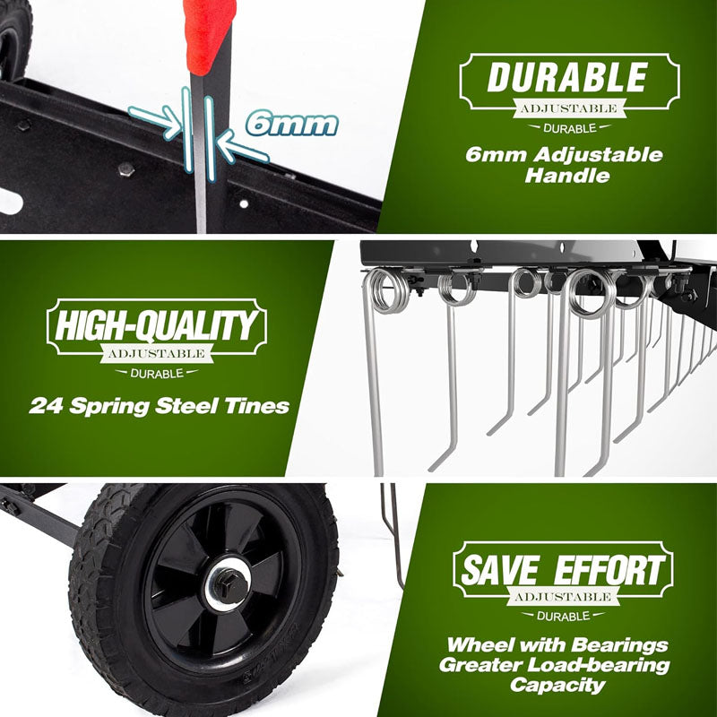 Dethatchers 48inch Tow Behind Dethatcher with 24 Spring Steel Tines for Outdoor Yard Tools Lawn Care