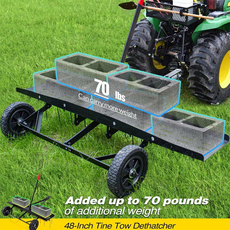 Dethatchers 48inch Tow Behind Dethatcher with 24 Spring Steel Tines for Outdoor Yard Tools Lawn Care