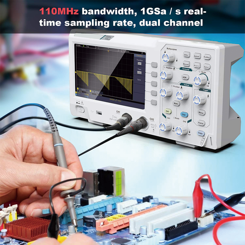 Digital Oscilloscope, 110mhz Bandwidth Digital Oscilloscope with 2 Channels 7-inch Color Screen, Portable Professional Oscilloscope Kit