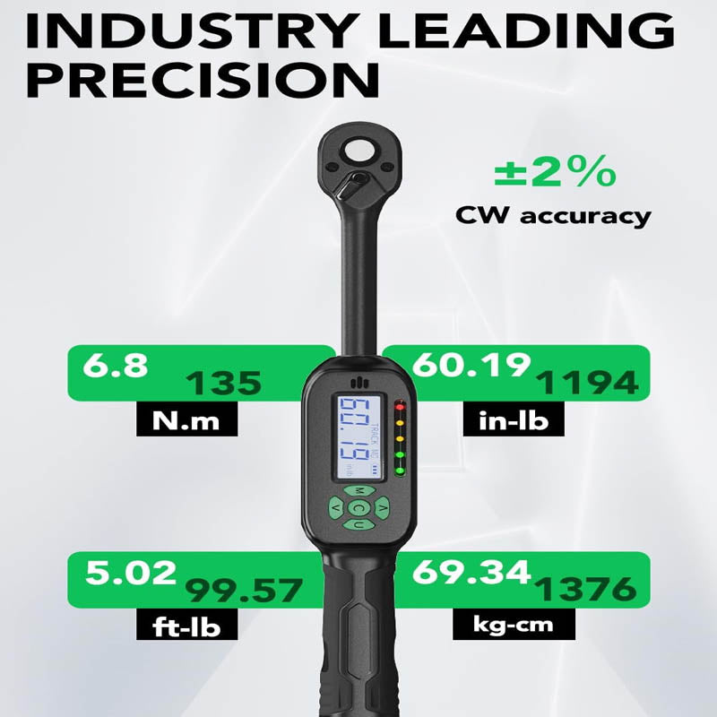 3/8 Inch Digital Torque Wrench 5-99.5 ft-lbs./6.8-135Nm ±2% Torque Accuracy with Preset Value Buzzer and LED Notification