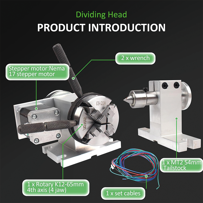 Dividing Head K12-65mm Type Divding Head,4:1 CNC 4th-Axis A-Axis Rotation-Axis,4 Jaw Chuck+Nema17 Stepper Motor for CNC Router Engraver Machine