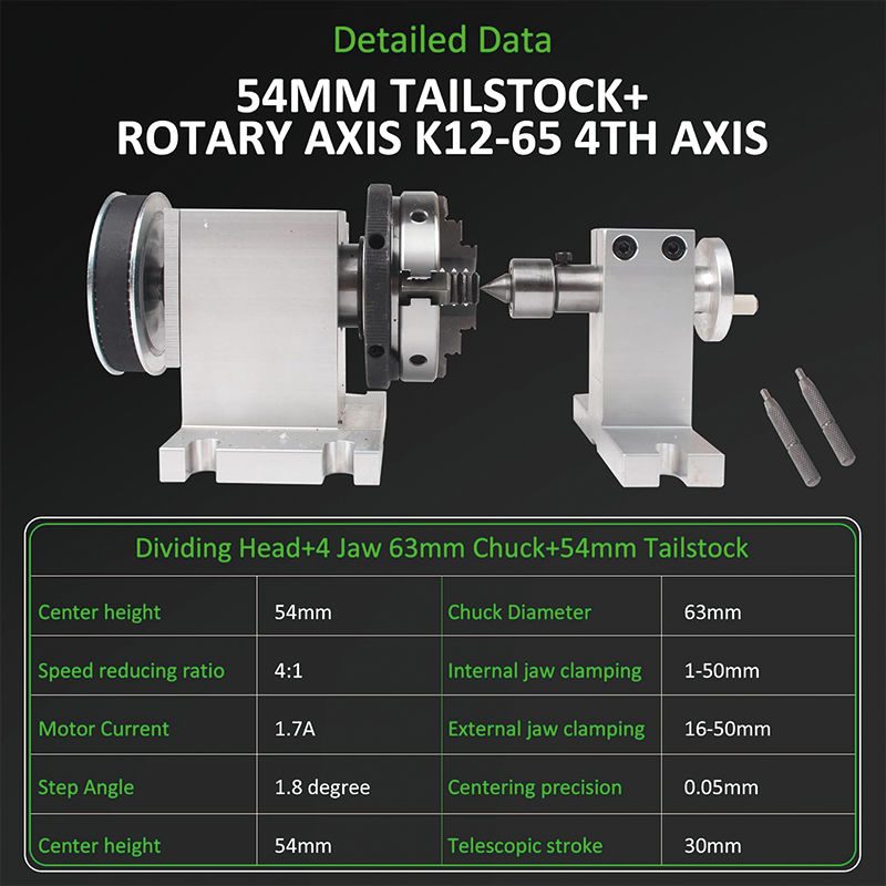 Dividing Head K12-65mm Type Divding Head,4:1 CNC 4th-Axis A-Axis Rotation-Axis,4 Jaw Chuck+Nema17 Stepper Motor for CNC Router Engraver Machine
