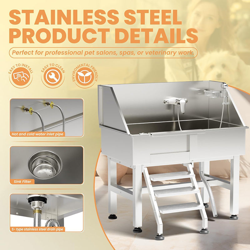 38" Professional Stainless Steel Dog Grooming Tub Dog Bathing Station Equipped with Three Anti-Slip Steps Removable Door Pet Wash Station for Pet