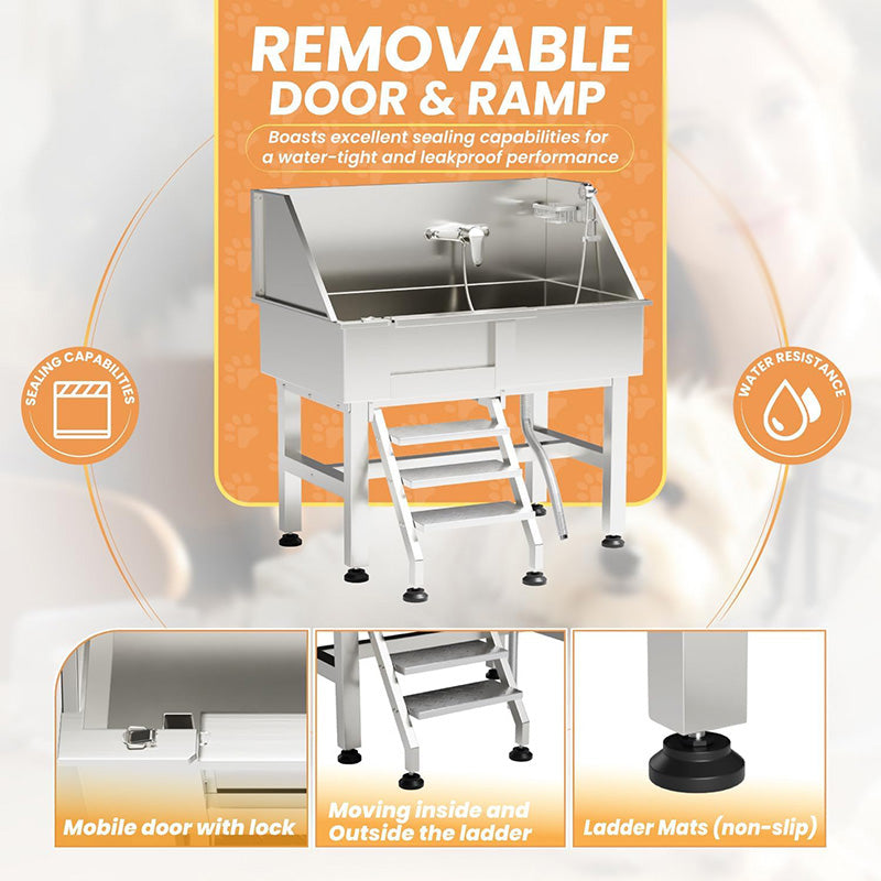 38" Professional Stainless Steel Dog Grooming Tub Dog Bathing Station Equipped with Three Anti-Slip Steps Removable Door Pet Wash Station for Pet