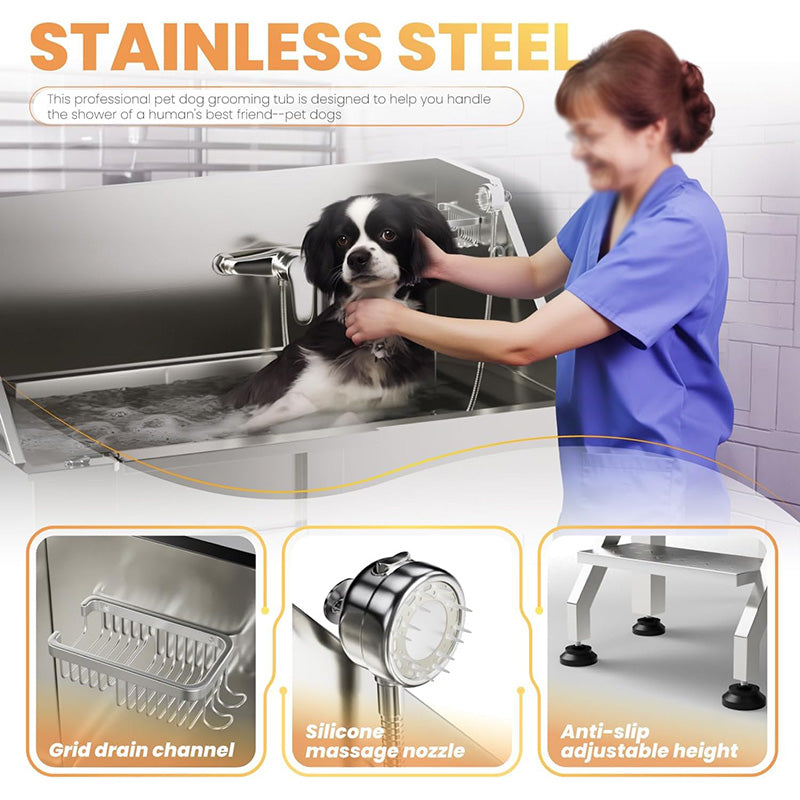38" Professional Stainless Steel Dog Grooming Tub Dog Bathing Station Equipped with Three Anti-Slip Steps Removable Door Pet Wash Station for Pet