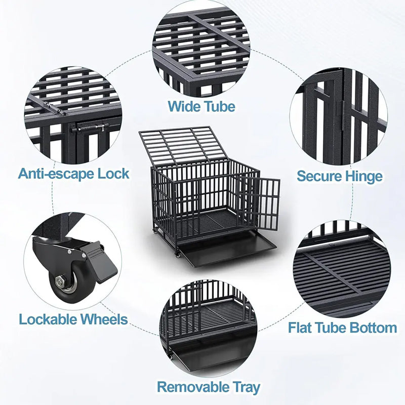 Heavy Duty Dog Crate Metal Indestructible Dog Cage, 42 Inch Escape Proof Dog Kennel With Lockable Wheels, Removable Tray