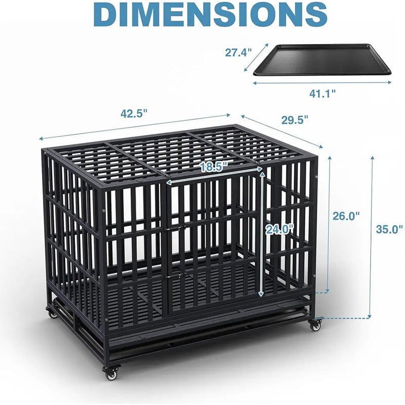 Heavy Duty Dog Crate Metal Indestructible Dog Cage, 42 Inch Escape Proof Dog Kennel With Lockable Wheels, Removable Tray