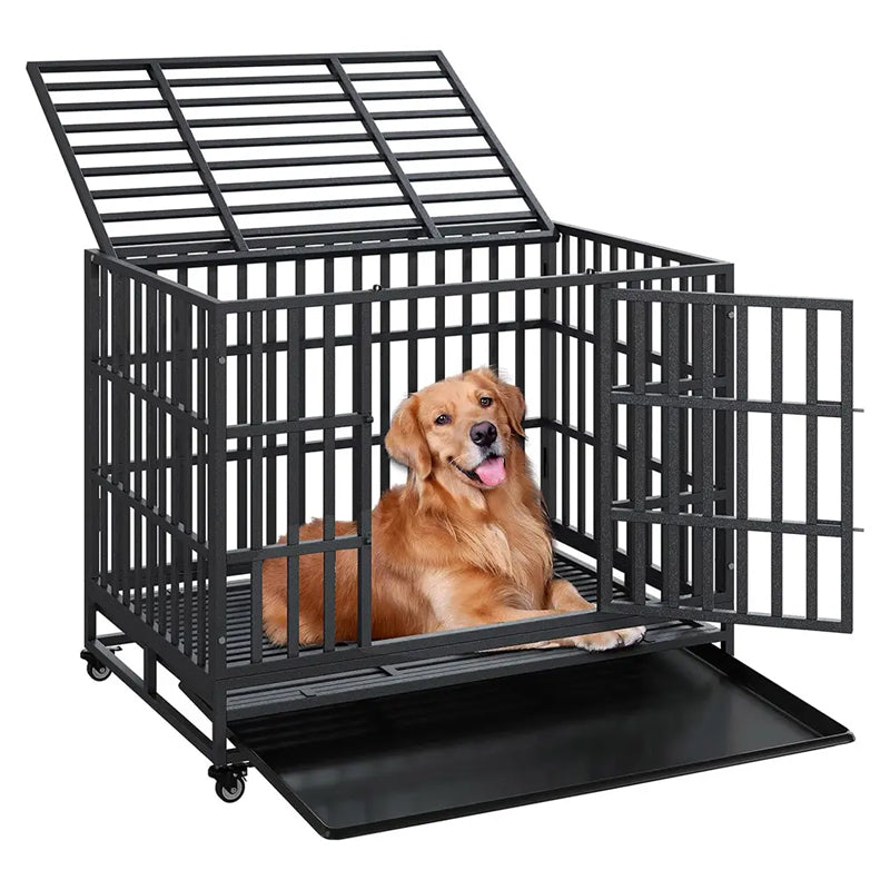 Heavy Duty Dog Crate Metal Indestructible Dog Cage, 42 Inch Escape Proof Dog Kennel With Lockable Wheels, Removable Tray
