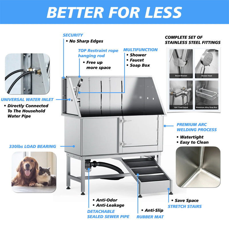 Pet Shop Large Cat And Dog Spa Stainless Steel Bathtub Pet Bath Wash Tub With Stairs For Grooming Large Dogs
