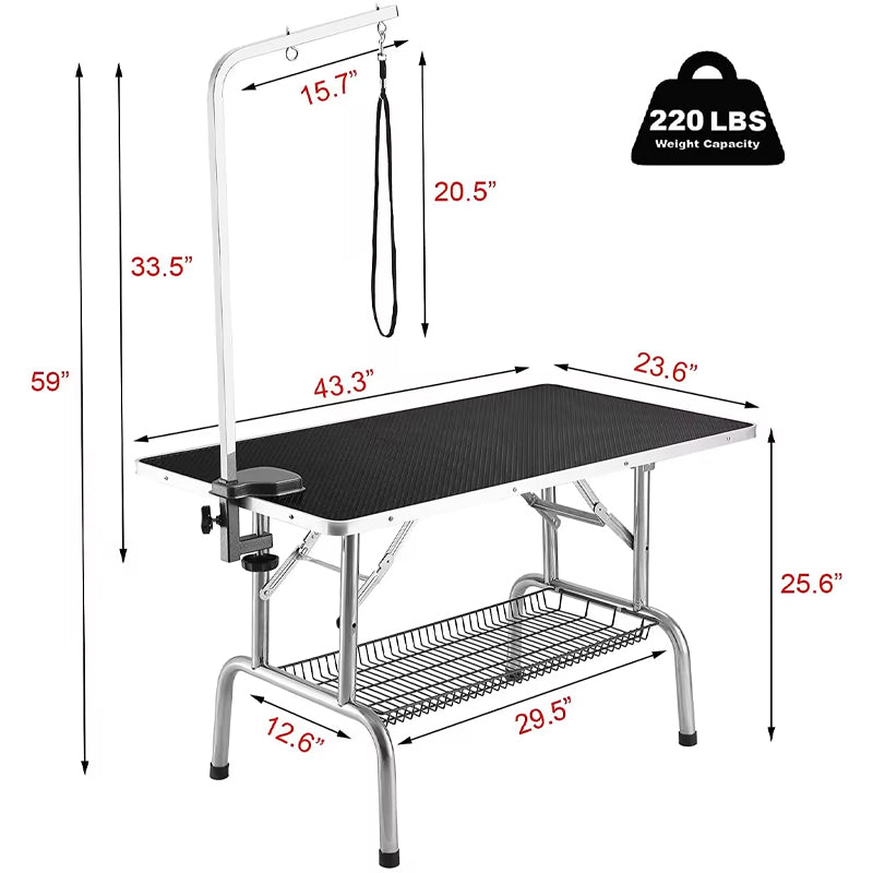 43” Heavy Duty Pet Dog Grooming Table Professional Foldable Dog Trimming Table With Adjustable Arm Noose & Mesh Tray