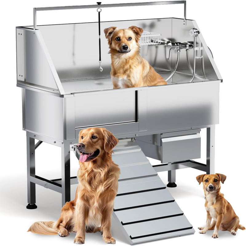 46" Dog Grooming Tub Professional Stainless Steel Dog Washing Station with Ramp Storage Drawer Floor Grate