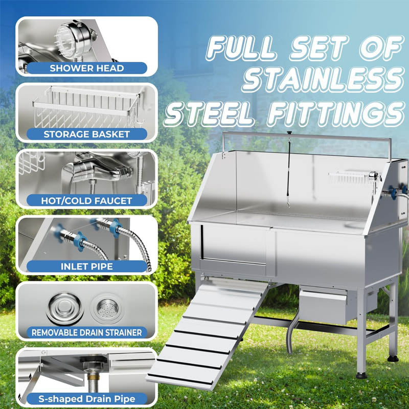 46" Dog Grooming Tub Professional Stainless Steel Dog Washing Station with Ramp Storage Drawer Floor Grate