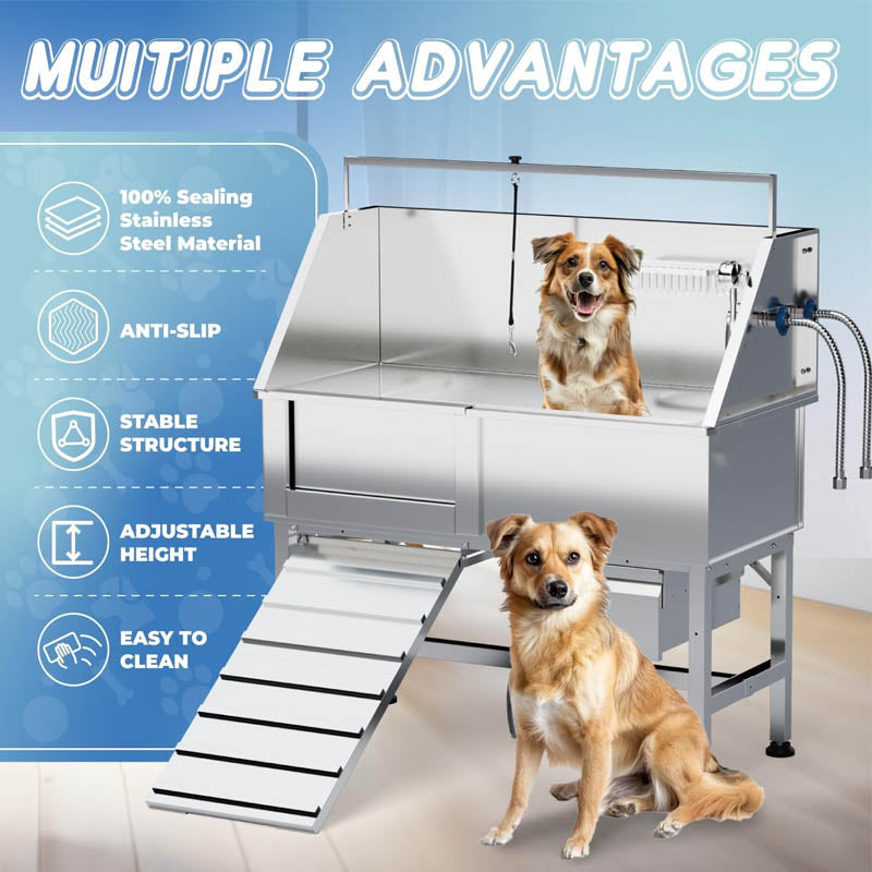 46" Dog Grooming Tub Professional Stainless Steel Dog Washing Station with Ramp Storage Drawer Floor Grate