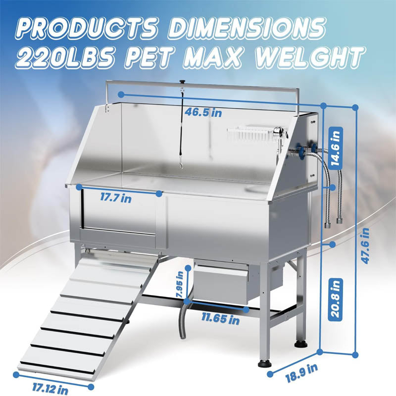 46" Dog Grooming Tub Professional Stainless Steel Dog Washing Station with Ramp Storage Drawer Floor Grate