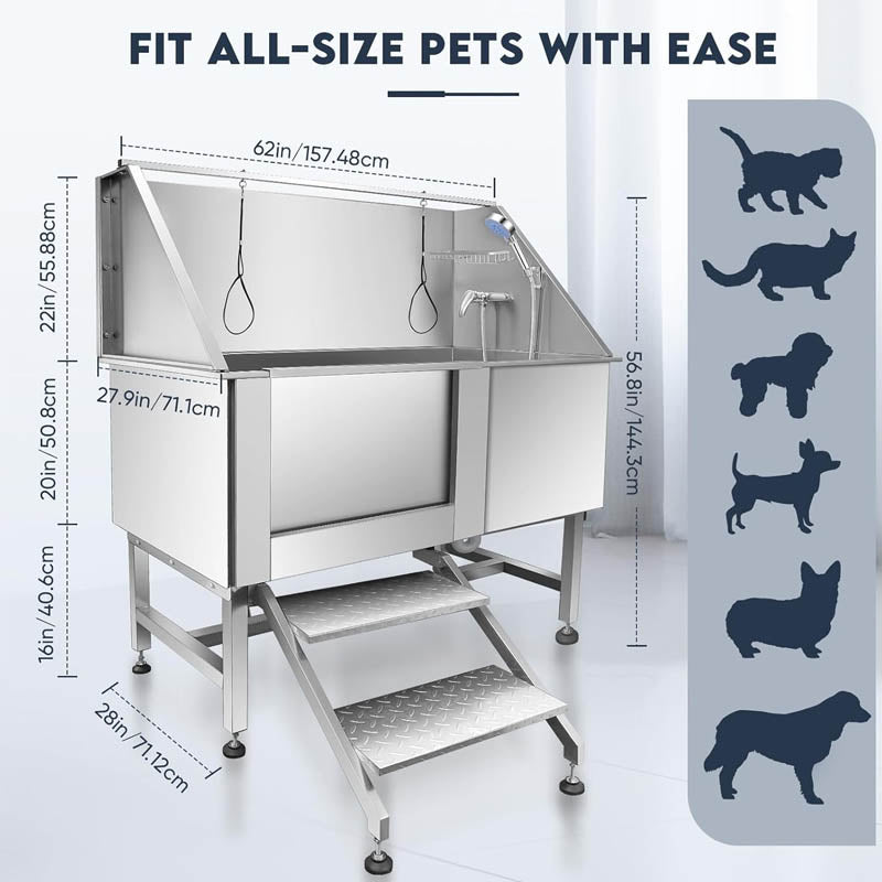 62" Dog Grooming Tub Professional Stainless Steel Dog Grooming Tub w/ Soap Box Faucet,Rich Accessory