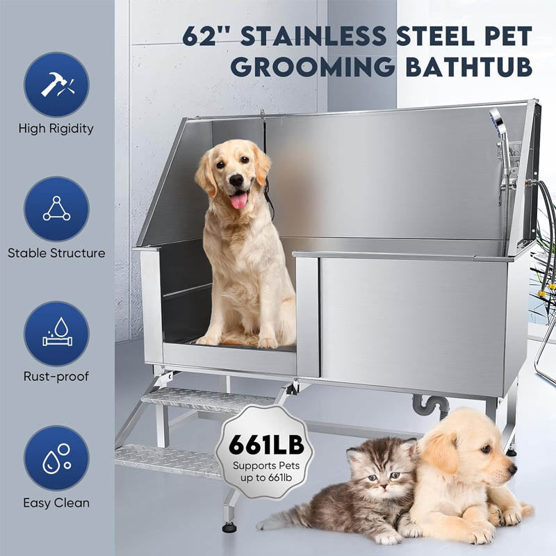 62" Dog Grooming Tub Professional Stainless Steel Dog Grooming Tub w/ Soap Box Faucet,Rich Accessory