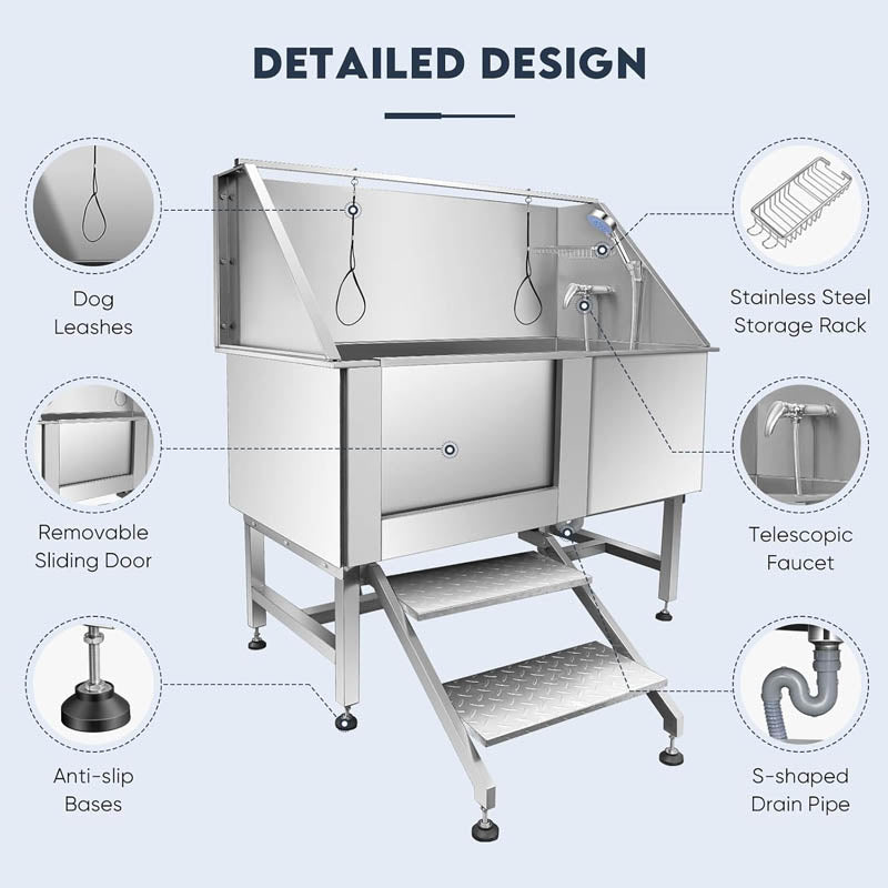 62" Dog Grooming Tub Professional Stainless Steel Dog Grooming Tub w/ Soap Box Faucet,Rich Accessory