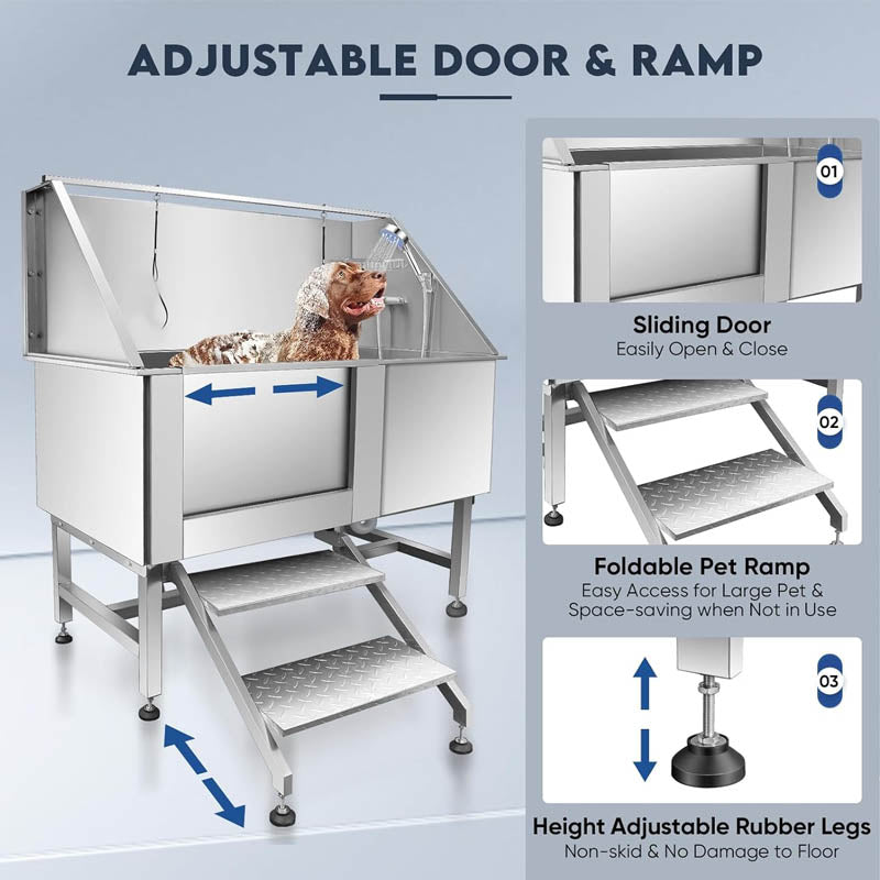 62" Dog Grooming Tub Professional Stainless Steel Dog Grooming Tub w/ Soap Box Faucet,Rich Accessory