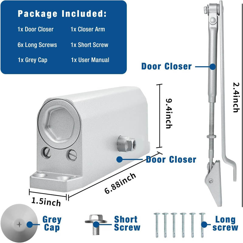 Door Closer Heavy Duty Automatic Door Closer 3 Spring Hydraulic Door Closer Easy Install Silver