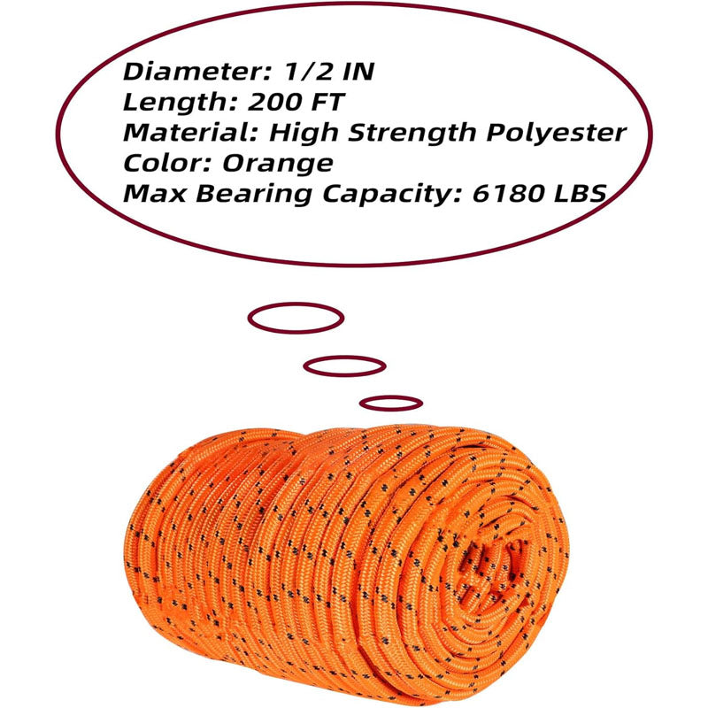 Double Braid Rope 1/2 in x 200 ft 48 Strands for Climbing Tree Work Pulling Swing Sailing Orange