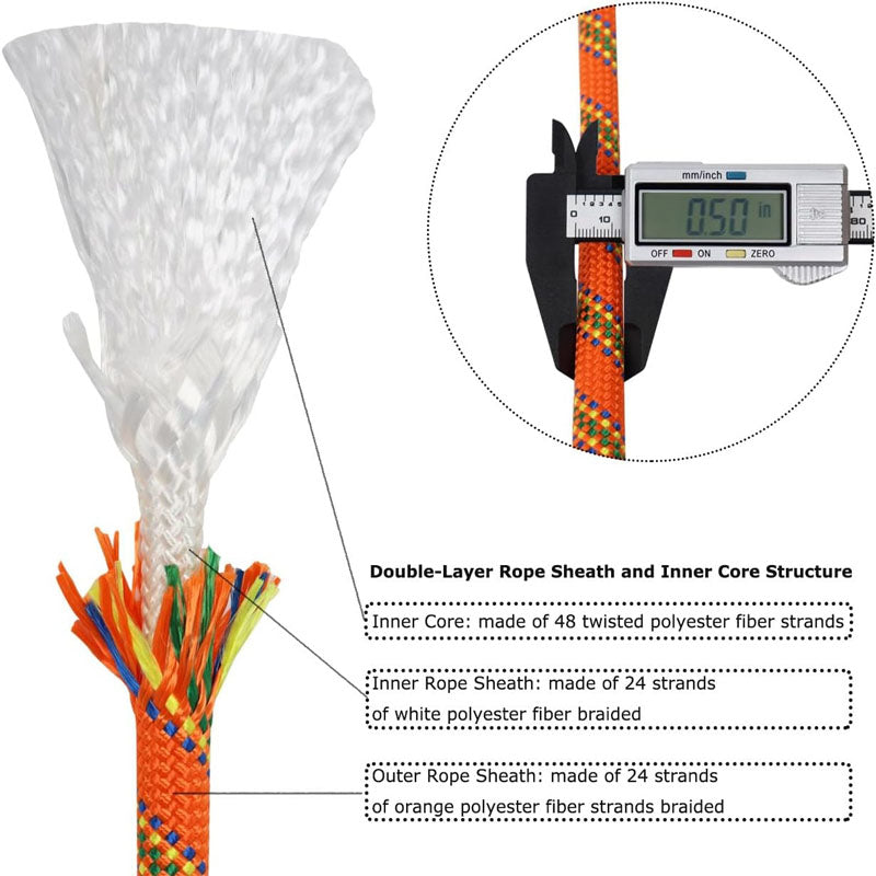 1/2 Inch x 50 Feet Double Braid Rope High Strength Climbing Rope for Adults & Kids Tree Work Halyard Sailing(Orange)