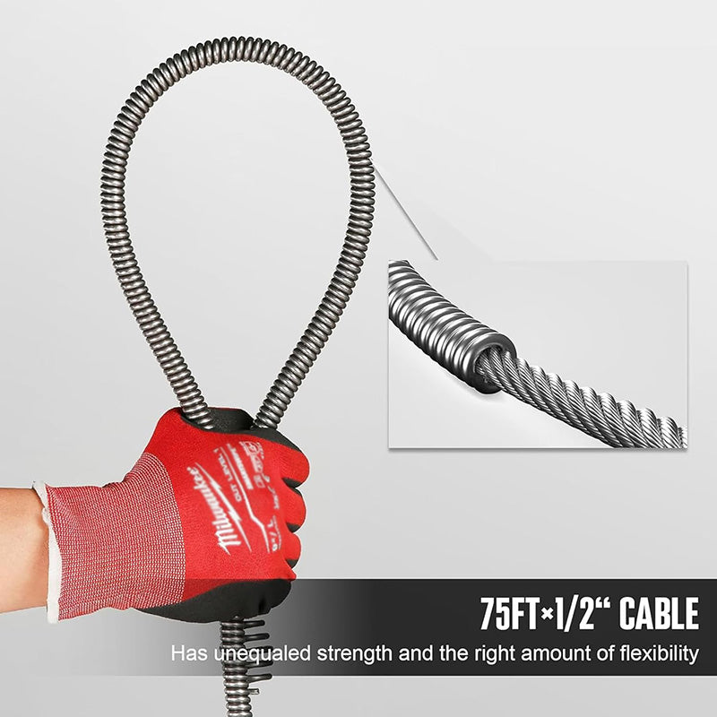 Drain Cleaner Replacement Cable 75FT×1/2 Inch Solid Core Cable Hollow Core Sewer Drain Auger Cable for Sink, Floor Drain, Toilet