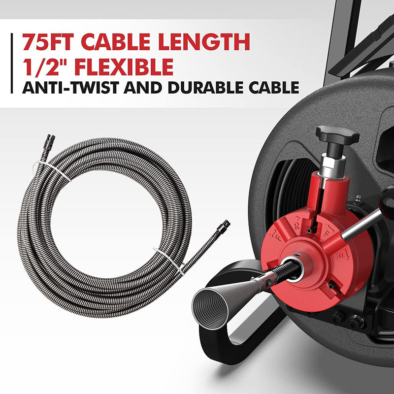 Drain Cleaner Replacement Cable 75FT×1/2 Inch Solid Core Cable Hollow Core Sewer Drain Auger Cable for Sink, Floor Drain, Toilet