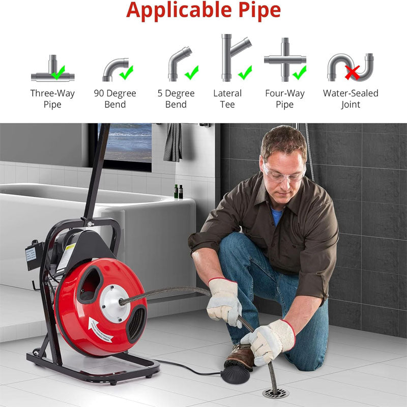 50 Ft X 1/2 Inch Drain Cleaning Machine for 1 to 4 Inch Pipes Sewer Auger Auto Feed with 4 Cutters & Foot Switch and Pair of Gloves
