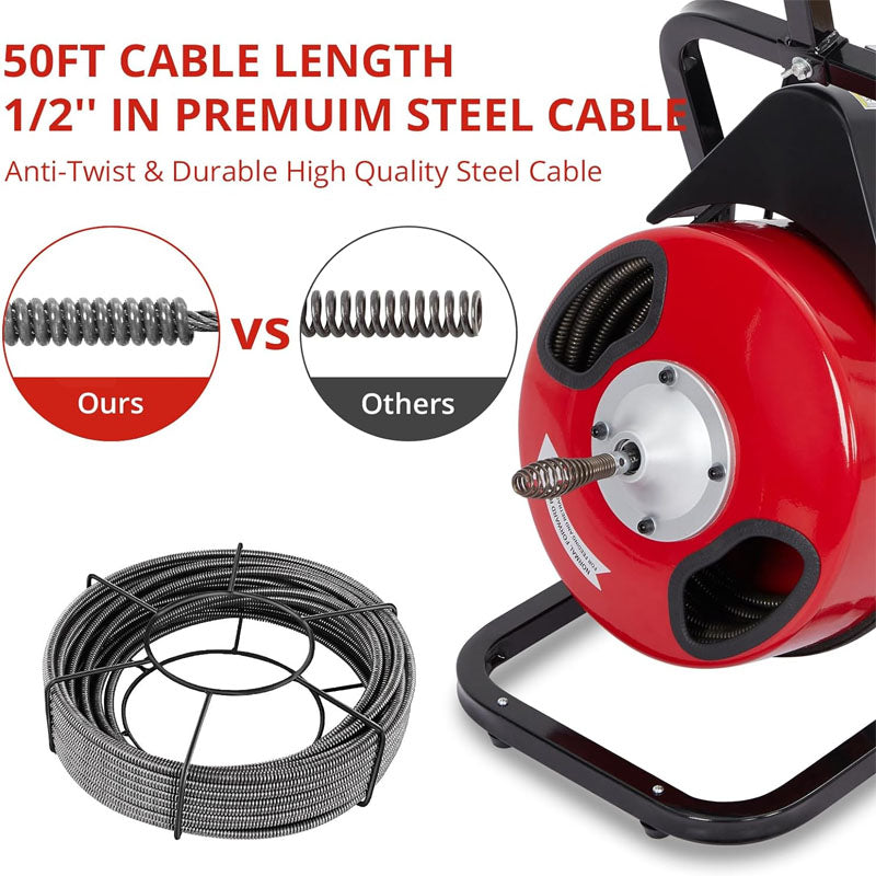 50 Ft X 1/2 Inch Drain Cleaning Machine for 1 to 4 Inch Pipes Sewer Auger Auto Feed with 4 Cutters & Foot Switch and Pair of Gloves