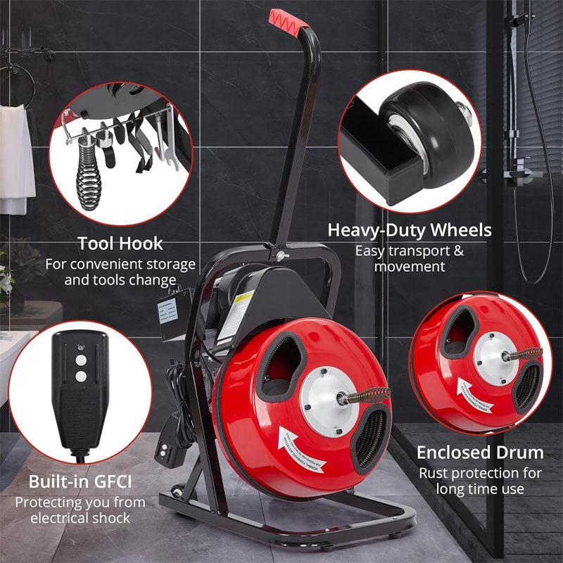 50 Ft X 1/2 Inch Drain Cleaning Machine for 1 to 4 Inch Pipes Sewer Auger Auto Feed with 4 Cutters & Foot Switch and Pair of Gloves